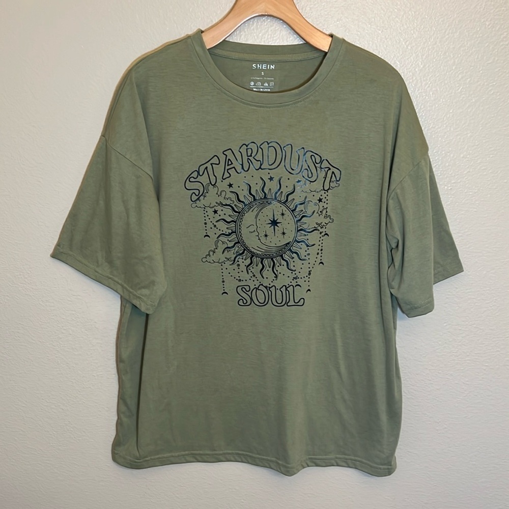 Shein Olive Green Oversized Celestial Short Sleeve Tee Shirt